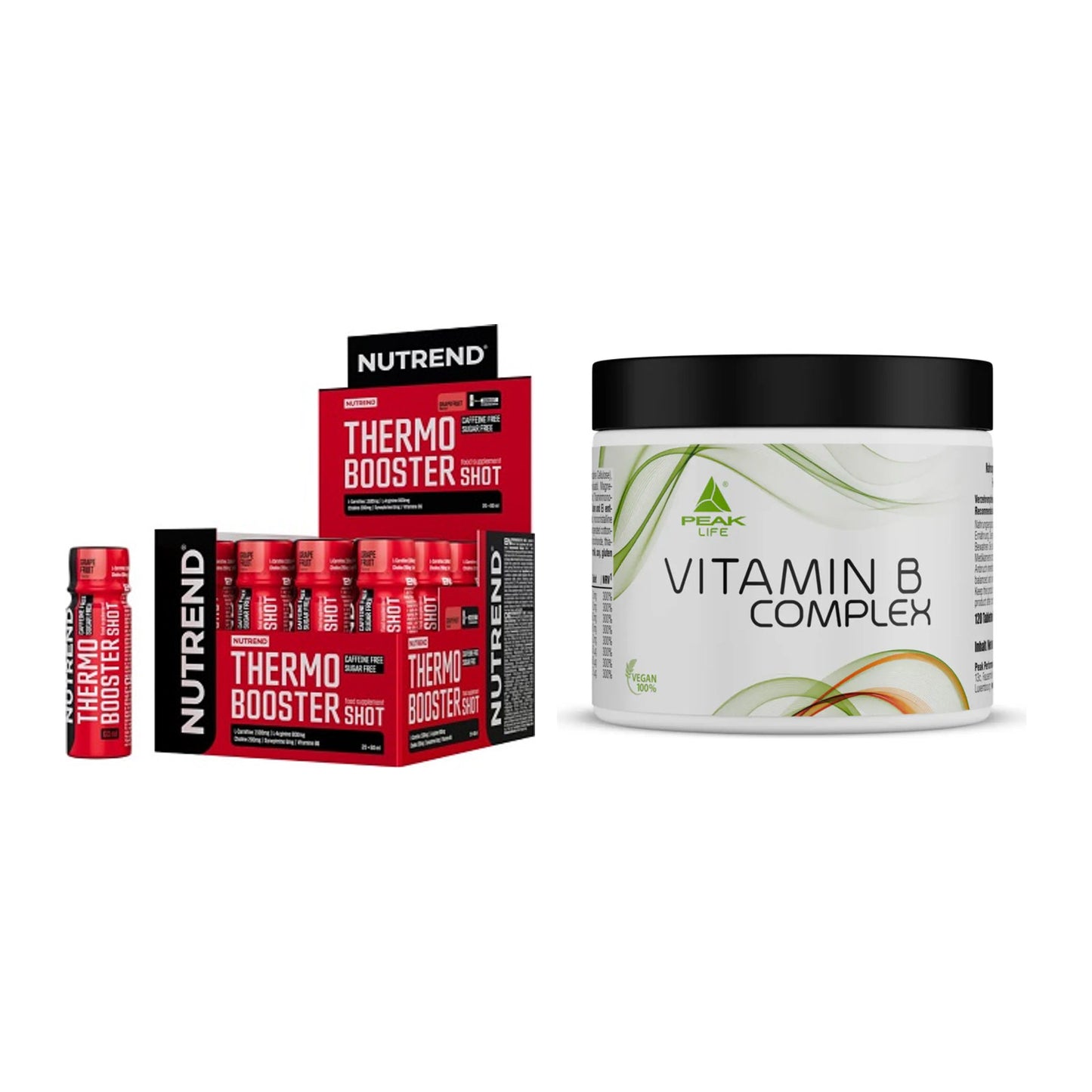 Koffein & B-Vitamine: Nutrend Thermobooster + Peak Vitamin B Complex – alle enthaltenen Artikel