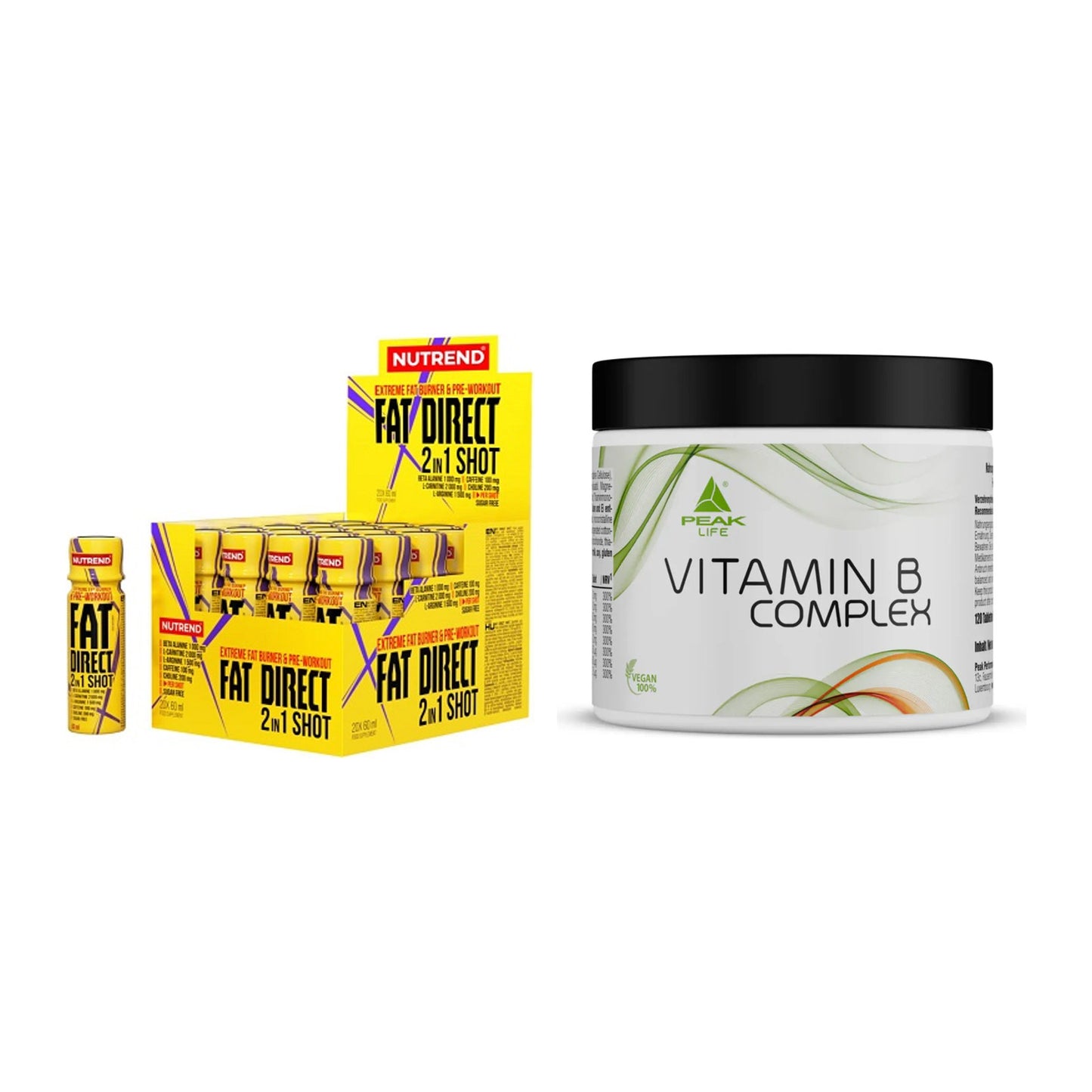 Koffein & B-Vitamine: Nutrend Fat Direct Shot + Peak Vitamin B Complex – alle enthaltenen Artikel