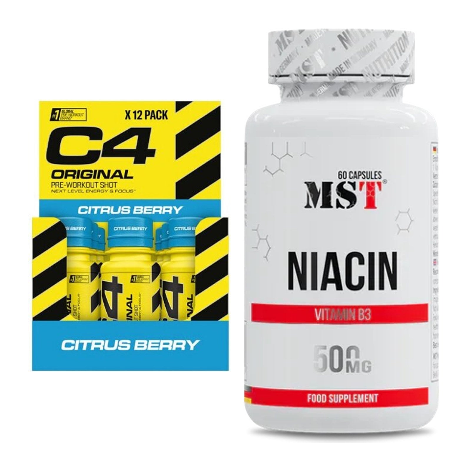 Koffein & B-Vitamine: Cellucor C4 Original Shot 12 x + MST Niacin – alle enthaltenen Artikel