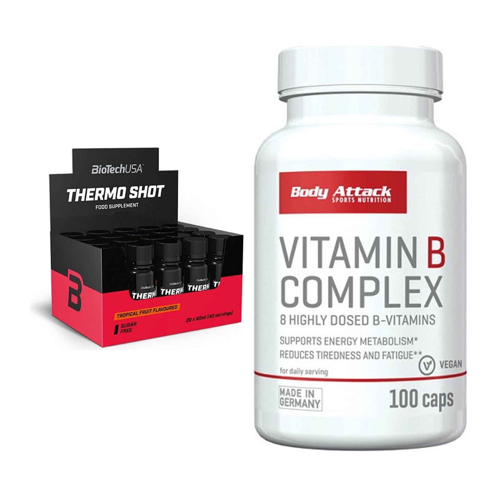 Koffein & B-Vitamine: BioTech Thermo Shot + Body Attack Vitamin – alle enthaltenen Artikel