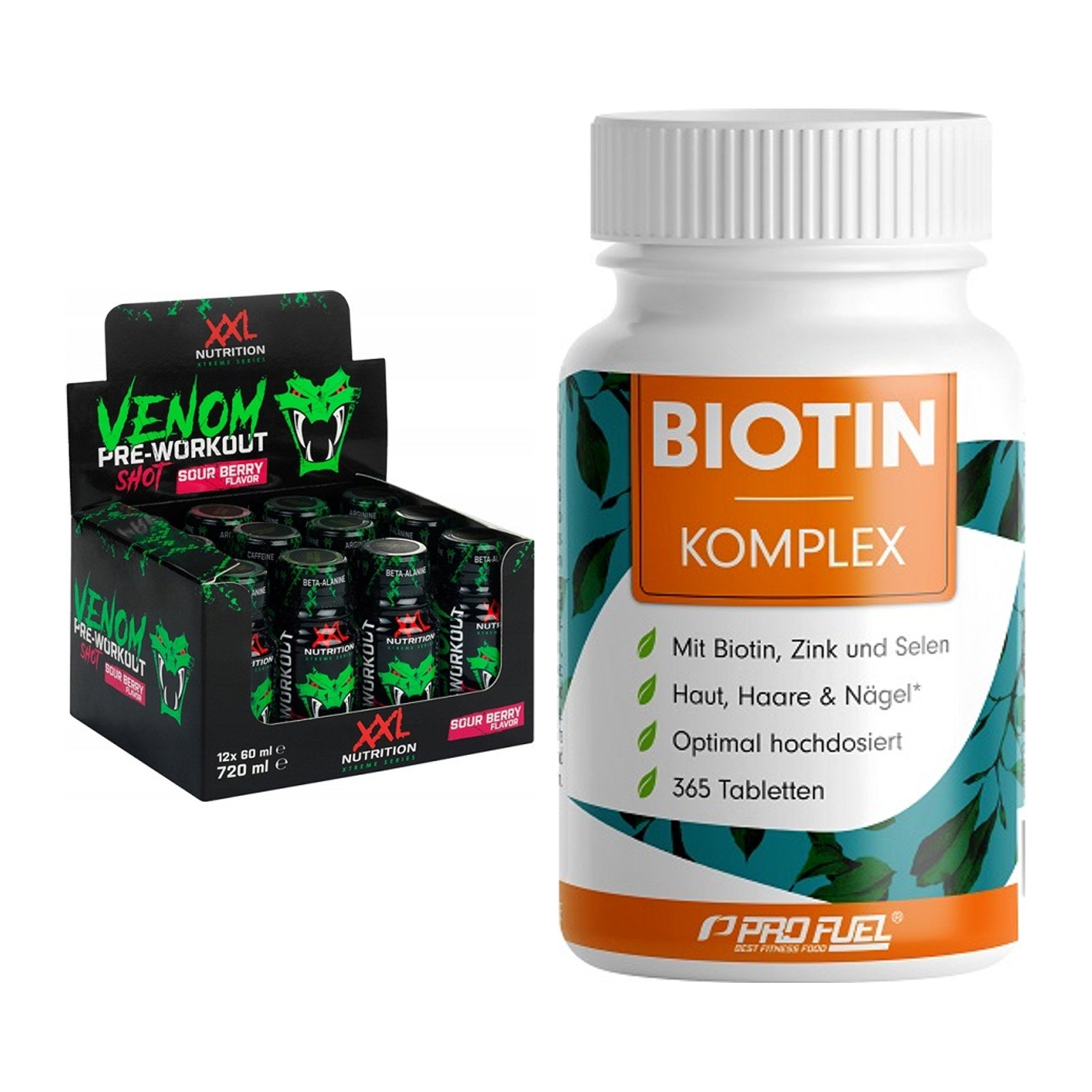 Koffein & B-Vitamine: XXL Nutrition Venom + ProFuel BIOTIN Komplex – alle enthaltenen Artikel