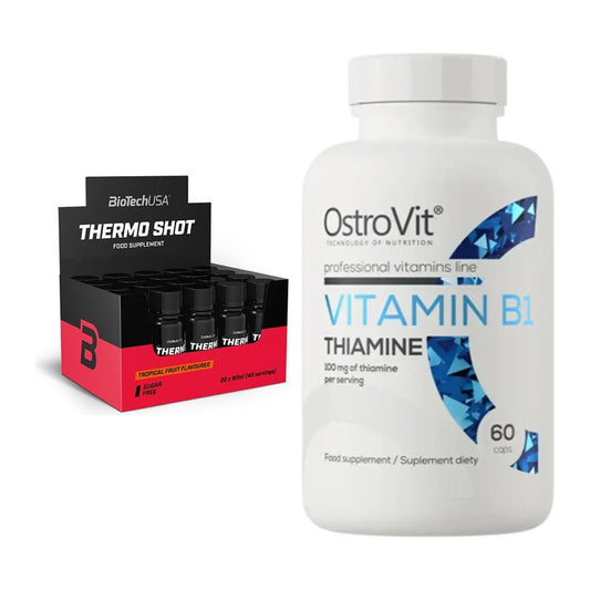 Cafeína e vitaminas B: BioTech Thermo Shot + Ostrovit Vitamina B1 – todos os artigos incluídos