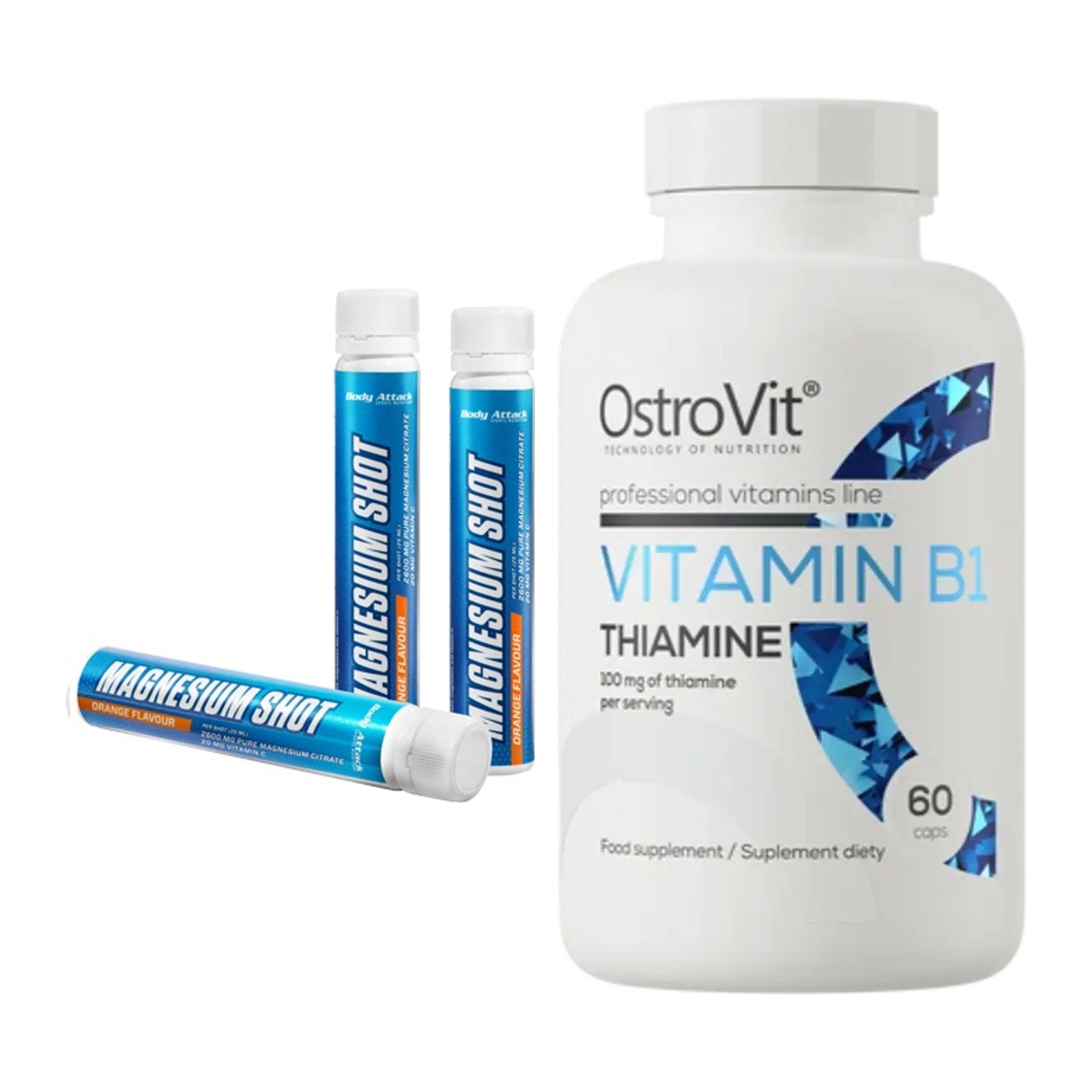 Caffeine & B vitamins: Body Attack Magnesium + Ostrovit Vitamin B1 – all items included