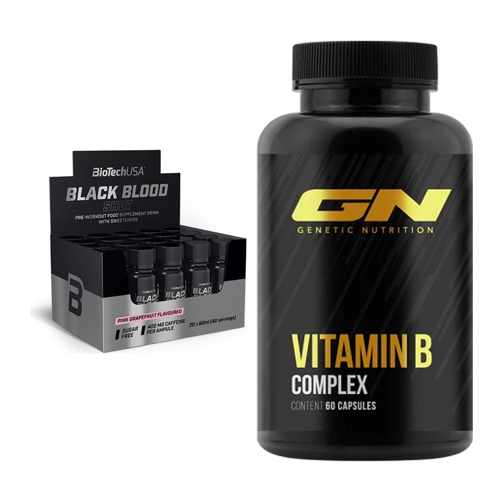 Koffein & B-Vitamine: BioTech Black Blood Shot + GN Vitamin B-Complex – alle enthaltenen Artikel