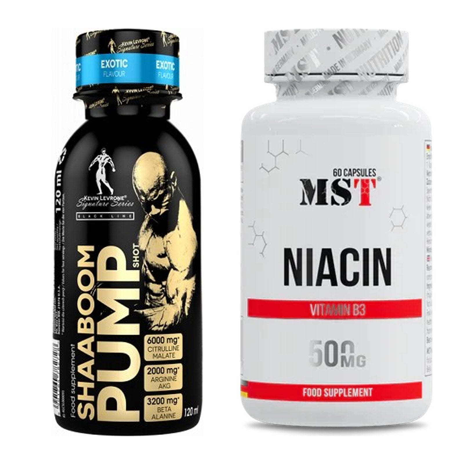 Koffein & B-Vitamine: Kevin Levrone Shaaboom Pump Shot + MST Niacin – alle enthaltenen Artikel