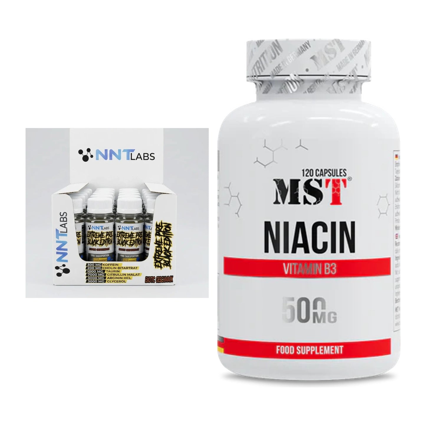 Koffein & B-Vitamine: NNT Extreme Black Edition Shot + MST Niacin – alle enthaltenen Artikel
