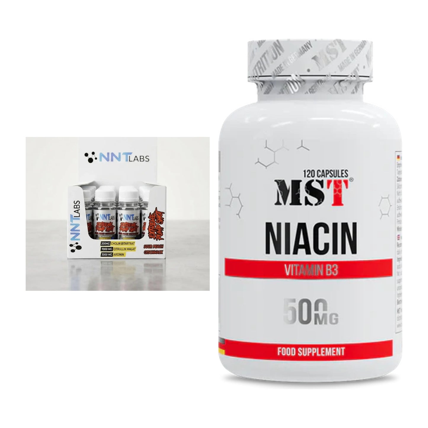 Koffein & B-Vitamine: NNT Extreme Pump Shot + MST Niacin – alle enthaltenen Artikel
