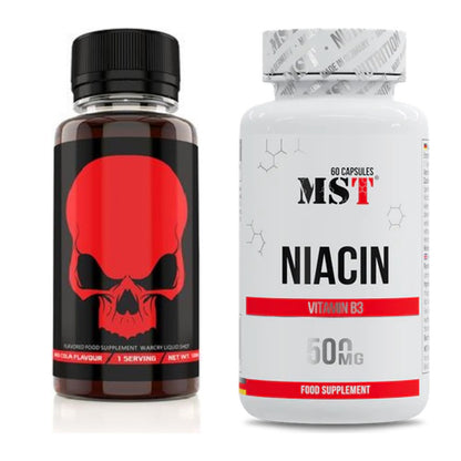 Koffein & B-Vitamine: Genius Nutrition Warcry Liquid + MST Niacin – alle enthaltenen Artikel
