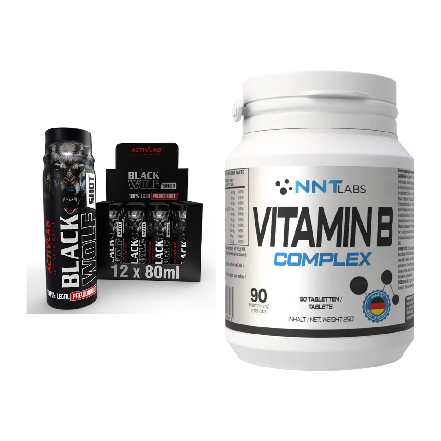 Koffein & B-Vitamine: Activlab Black Wolf + NNT Vitamin B Complex – alle enthaltenen Artikel