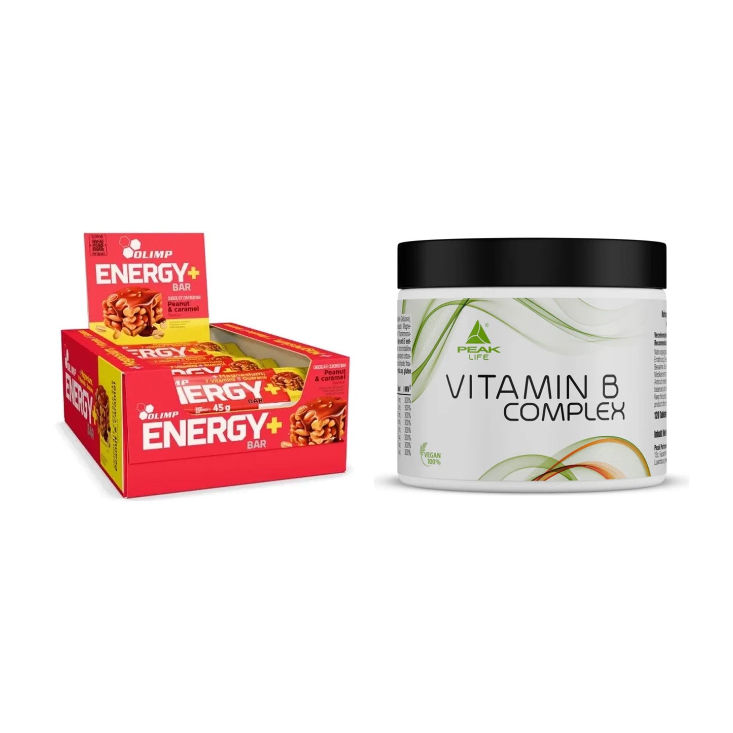 Koffein & B-Vitamine: Olimp Energy+ Bar + Peak Vitamin B Complex – alle enthaltenen Artikel