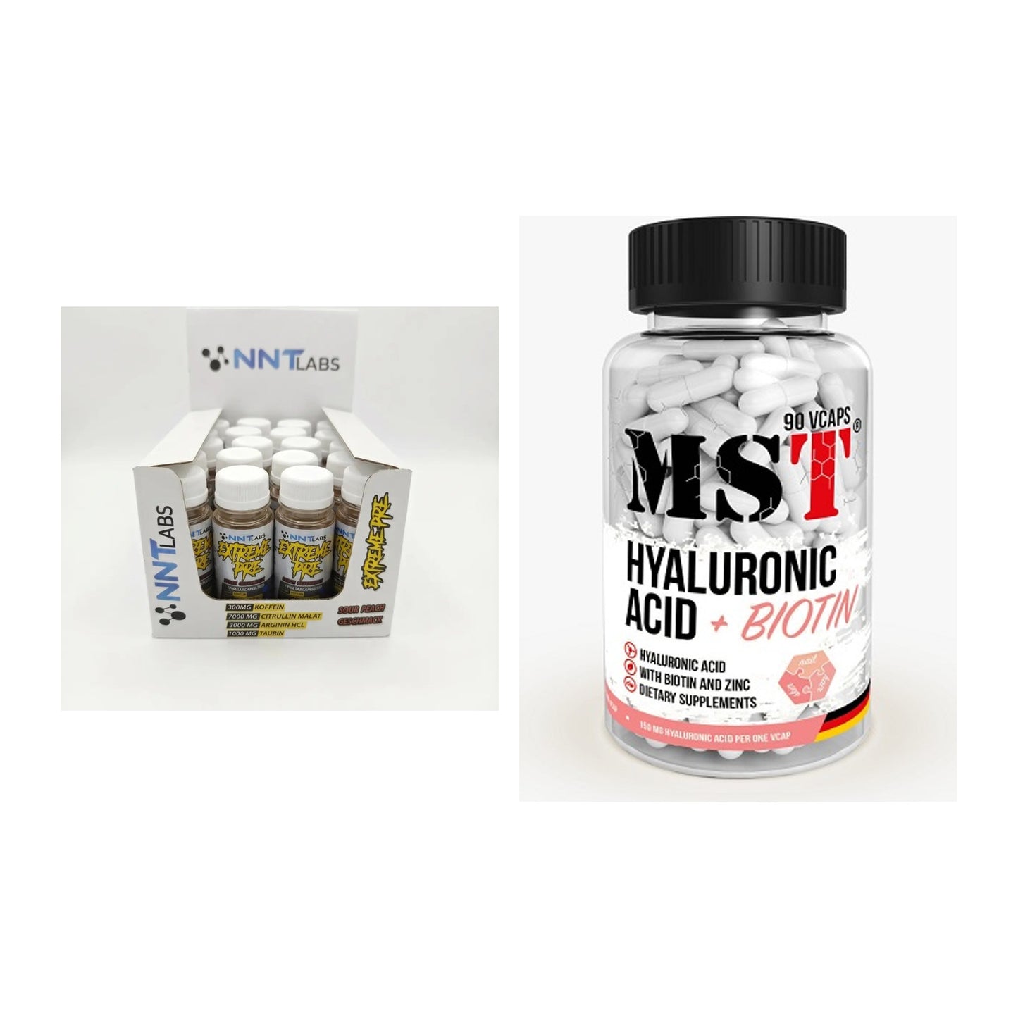 Koffein & B-Vitamine: NNT Extreme Pre-Workou + MST Hyaluronic Acid – alle enthaltenen Artikel