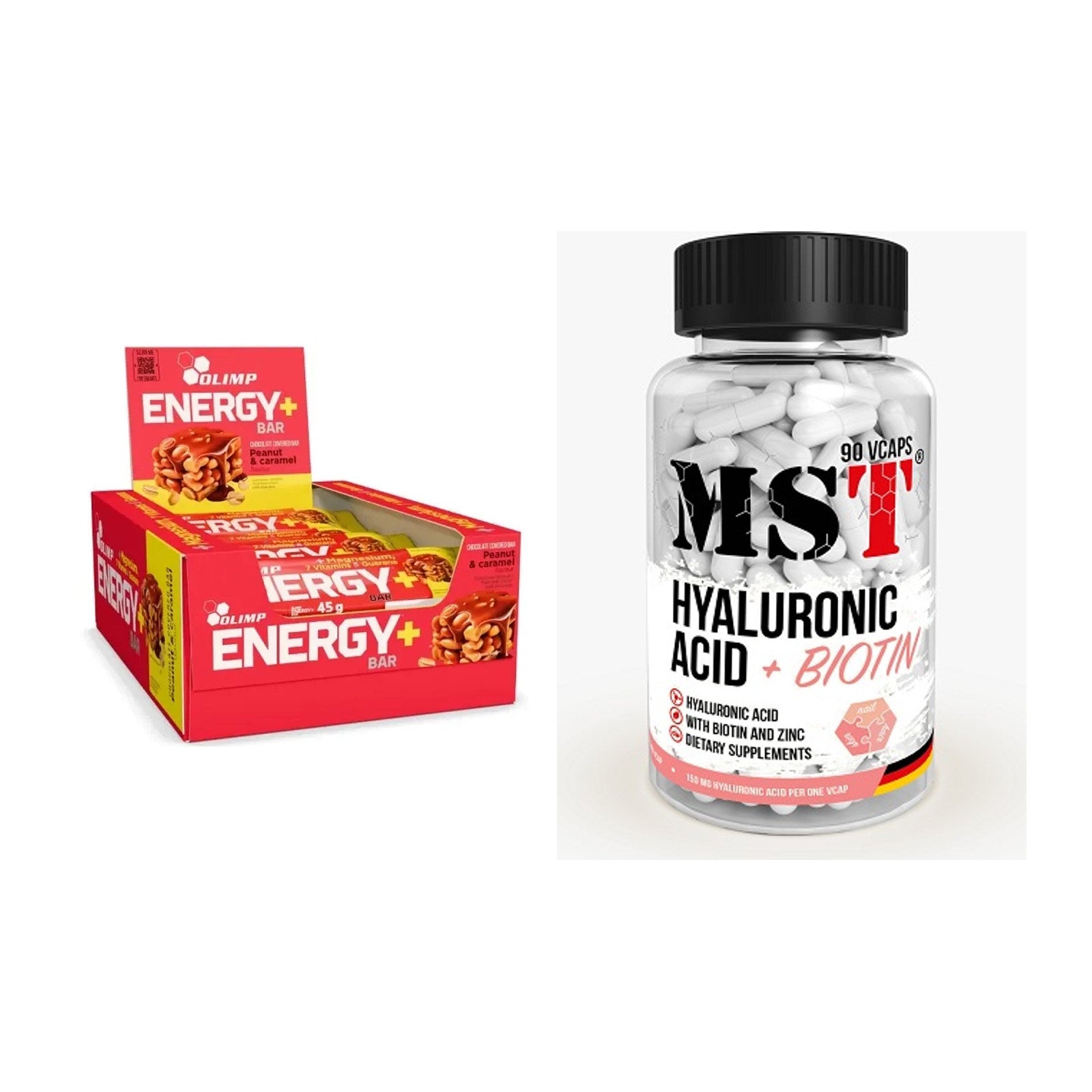 Koffein & B-Vitamine: Olimp Energy+ Bar + MST Hyaluronic Acid 150 mg – alle enthaltenen Artikel