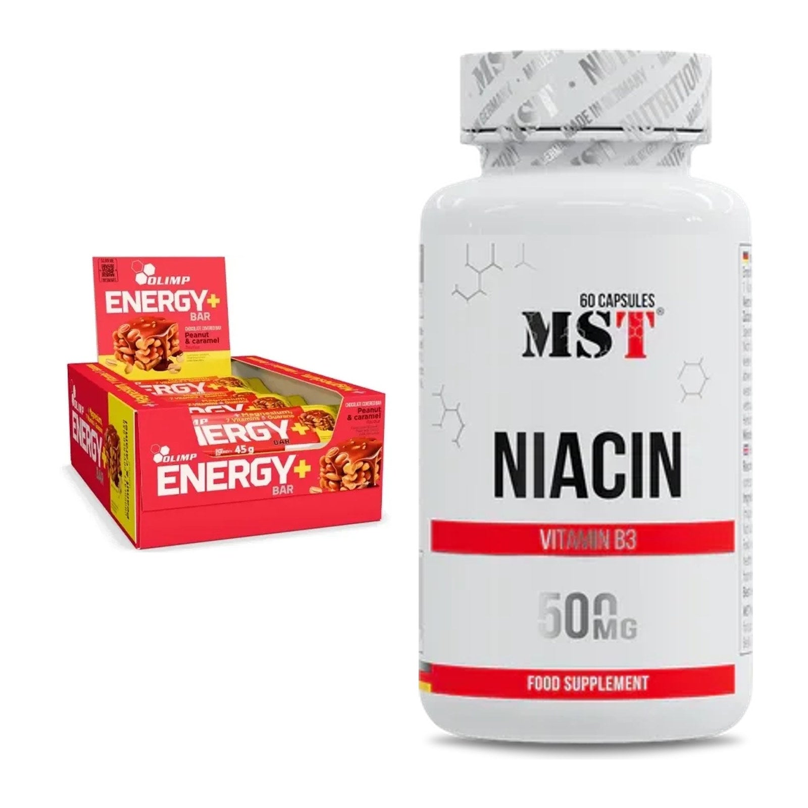 Koffein & B-Vitamine: Olimp Energy+ Bar 20 x 45g (Peanut + MST Niacin – alle enthaltenen Artikel