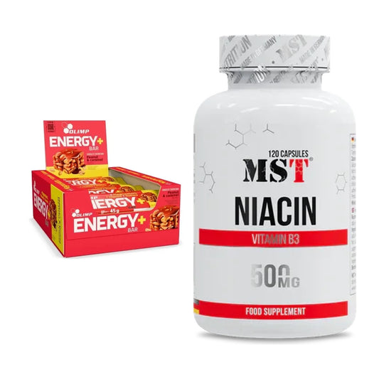 Koffein & B-Vitamine: Olimp Energy+ Bar 20 x 45g (Peanut + MST Niacin – alle enthaltenen Artikel