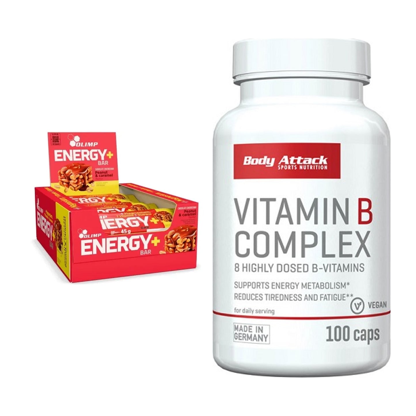 Koffein & B-Vitamine: Olimp Energy+ Bar + Body Attack Vitamin – alle enthaltenen Artikel