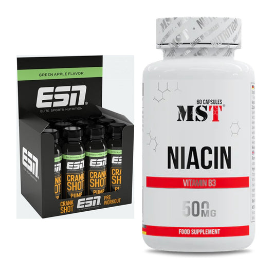 Koffein & B-Vitamine: ESN Crank Pump Shot 12x 95ml + MST Niacin – alle enthaltenen Artikel