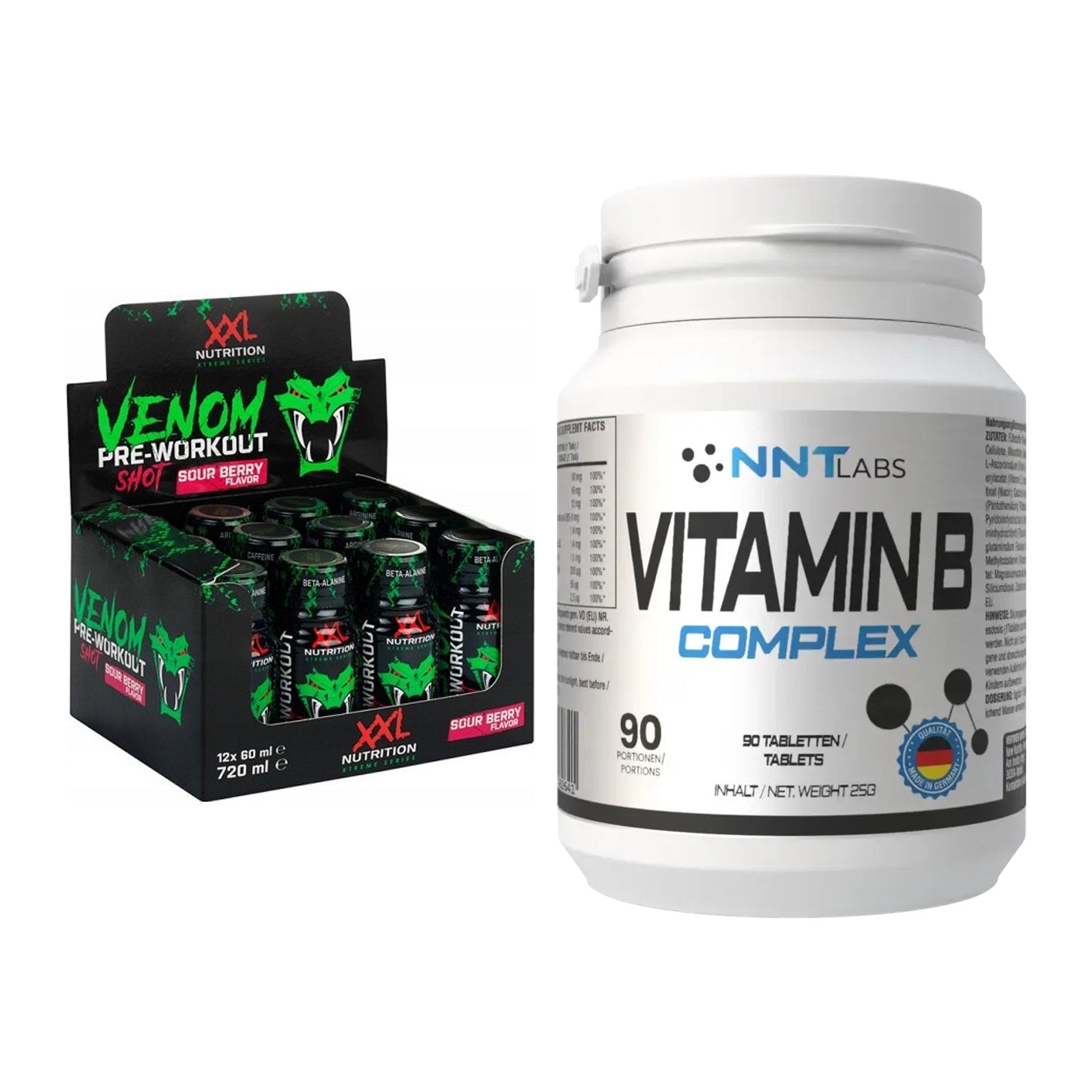 Koffein & B-Vitamine: XXL Nutrition Venom + NNT Vitamin B Complex – alle enthaltenen Artikel