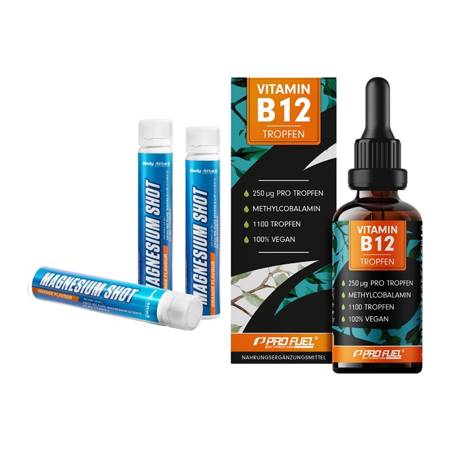 Koffein & B-Vitamine: Body Attack Magnesium + ProFuel Vitamin B12 – alle enthaltenen Artikel