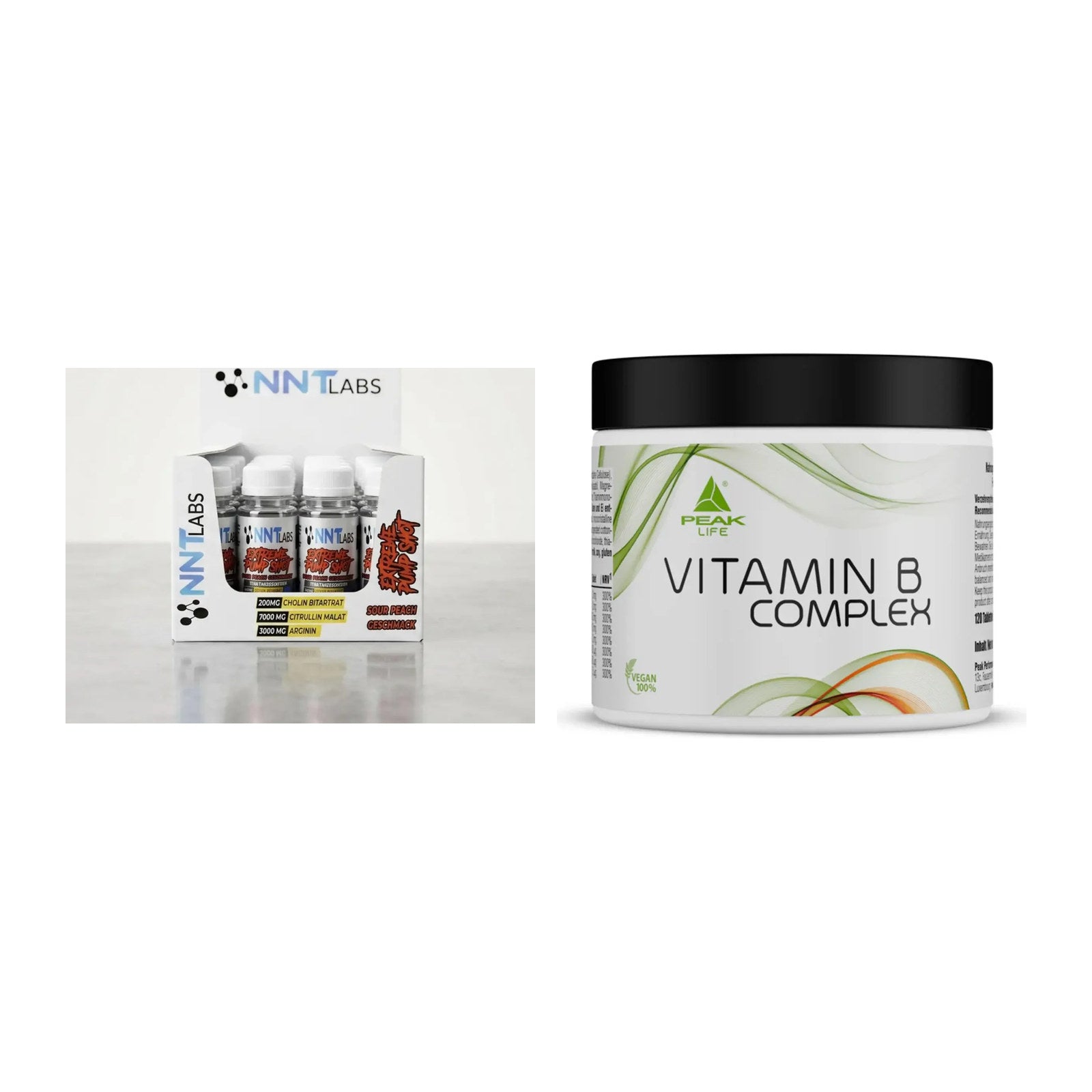 Koffein & B-Vitamine: NNT Extreme Pump Shot + Peak Vitamin B Complex – alle enthaltenen Artikel