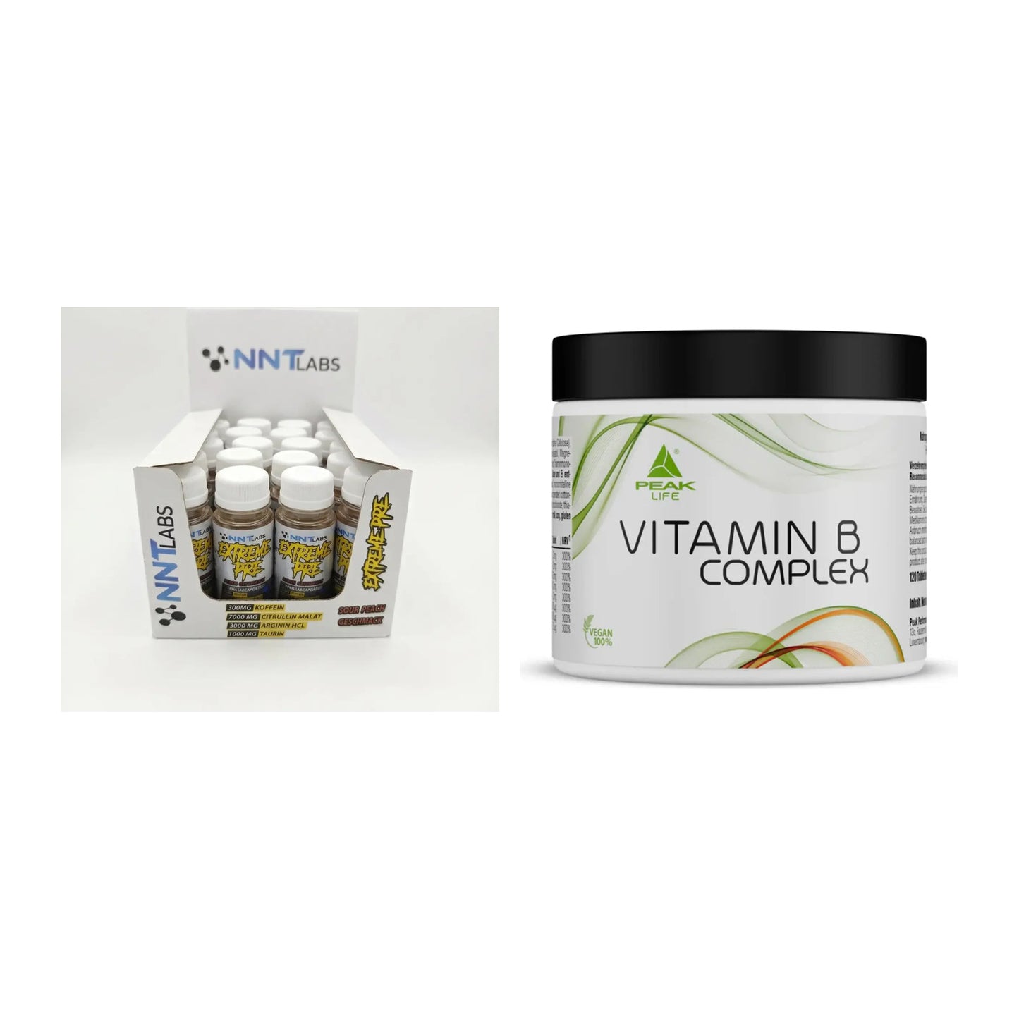 Koffein & B-Vitamine: NNT Extreme Pre-Workou + Peak Vitamin B Complex – alle enthaltenen Artikel