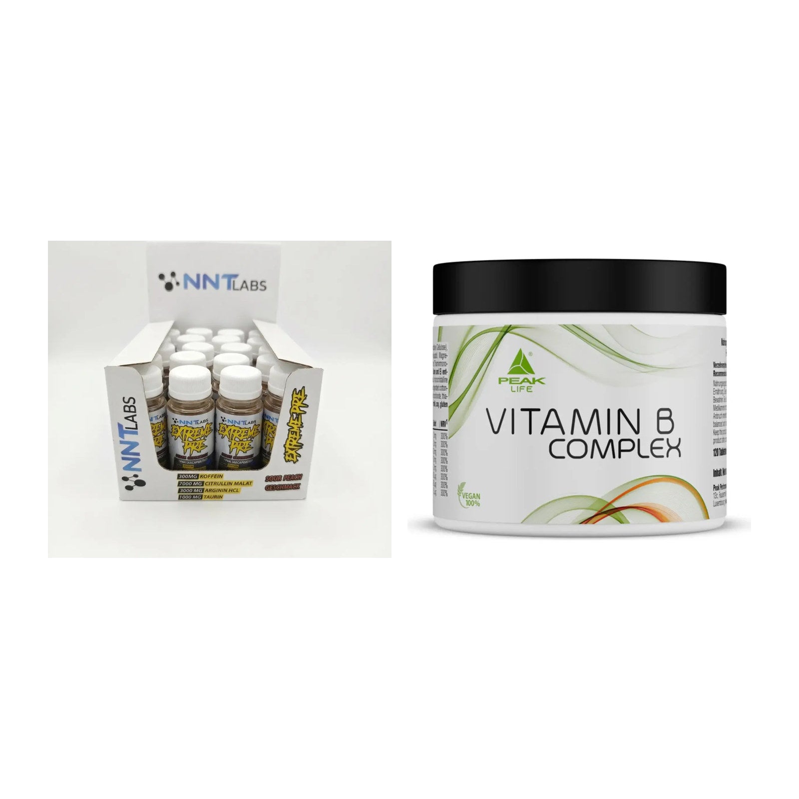 Koffein & B-Vitamine: NNT Extreme Pre-Workou + Peak Vitamin B Complex – alle enthaltenen Artikel
