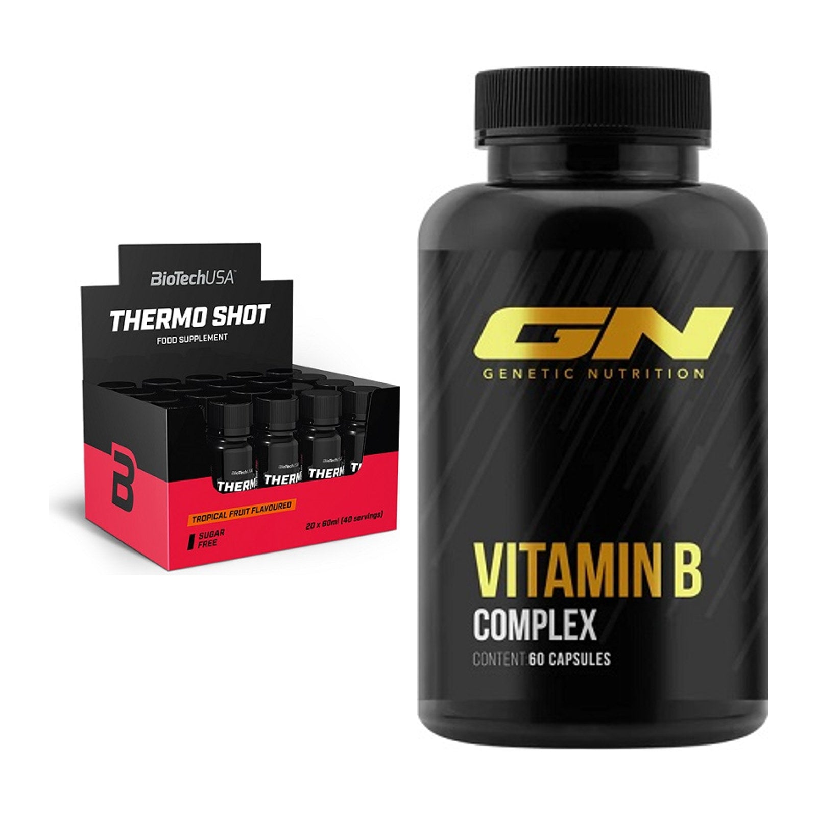 Koffein & B-Vitamine: BioTech Thermo Shot + GN Vitamin B-Complex – alle enthaltenen Artikel
