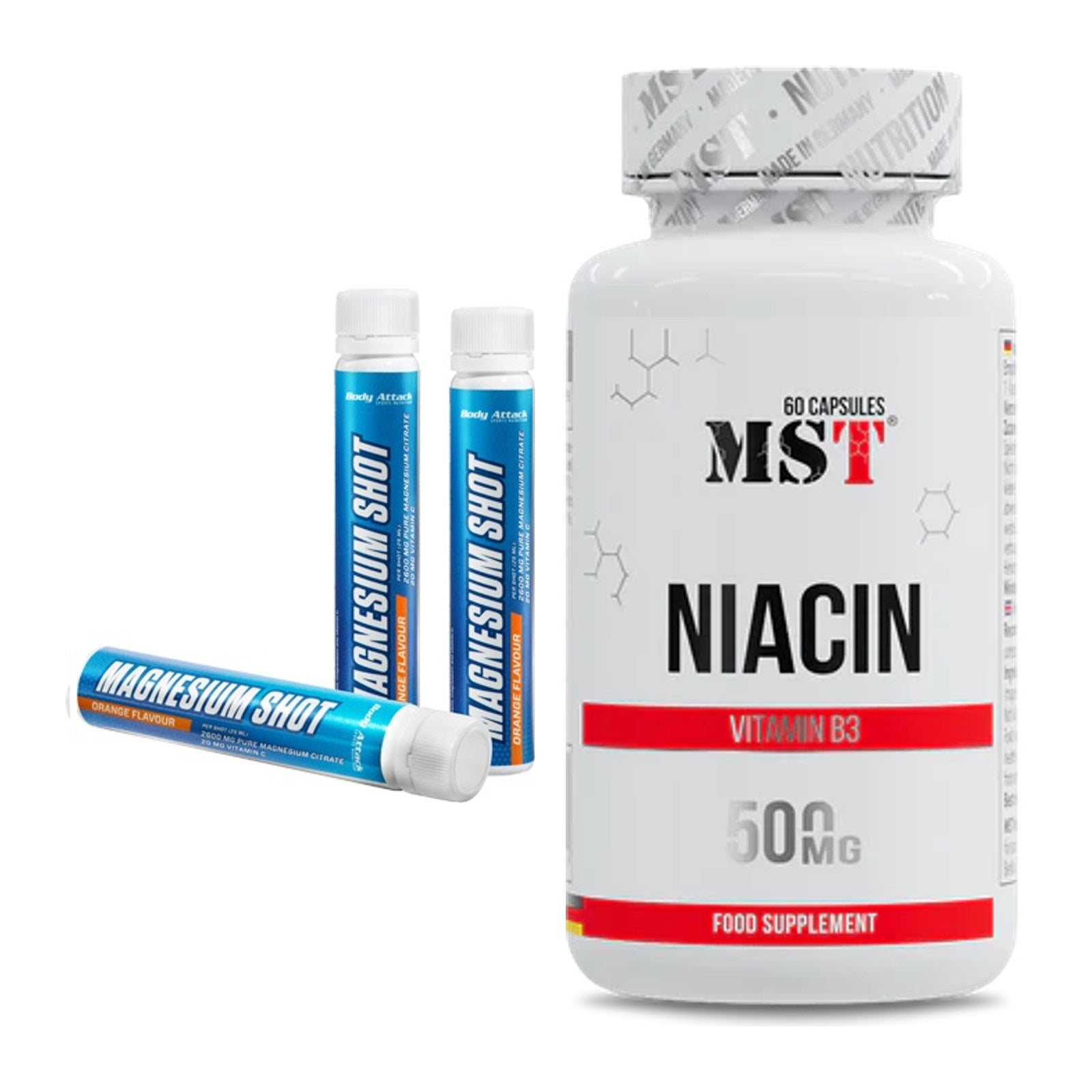 Koffein & B-Vitamine: Body Attack Magnesium Shots + MST Niacin – alle enthaltenen Artikel
