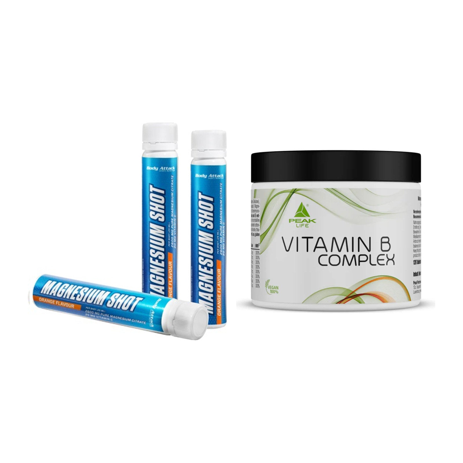 Koffein & B-Vitamine: Body Attack Magnesium + Peak Vitamin B Complex – alle enthaltenen Artikel