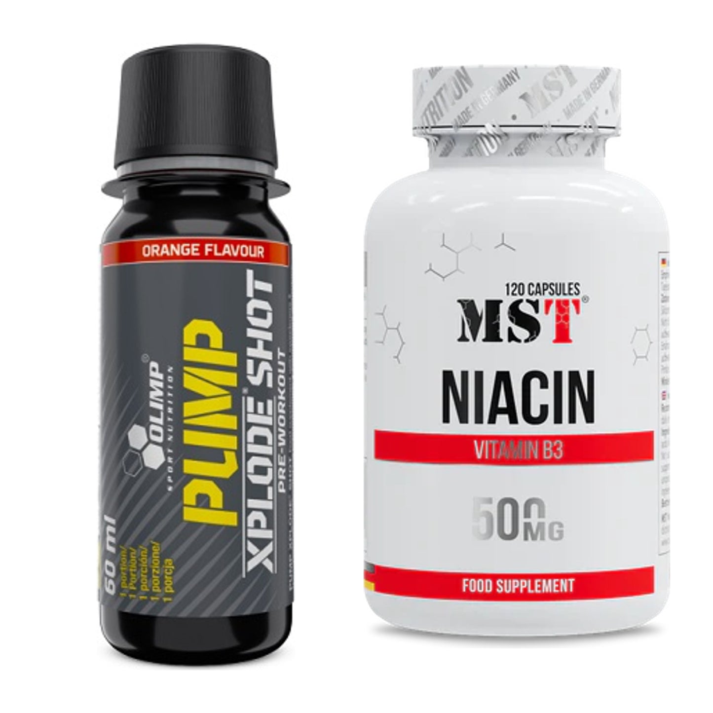 Koffein & B-Vitamine: Olimp Pump Xplode Shot + MST Niacin – alle enthaltenen Artikel