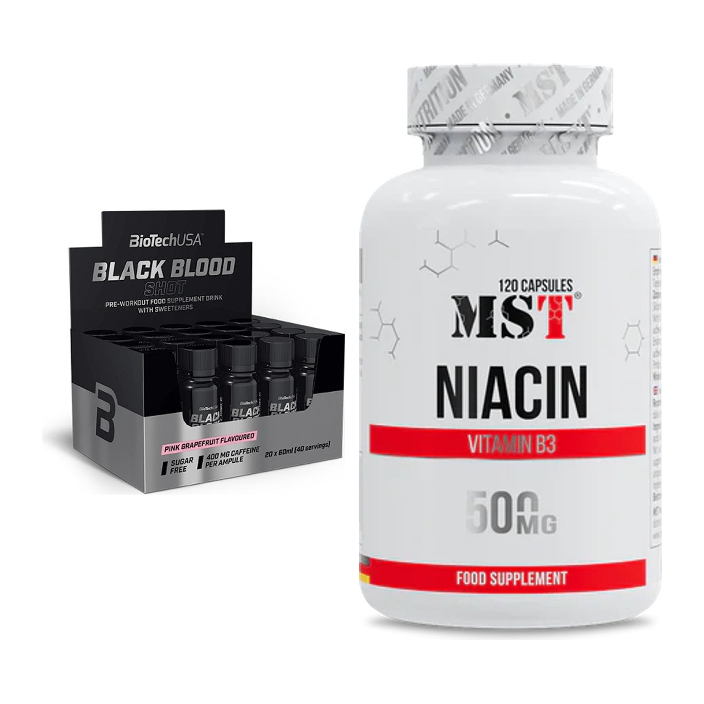 Koffein & B-Vitamine: BioTech Black Blood Shot + MST Niacin – alle enthaltenen Artikel