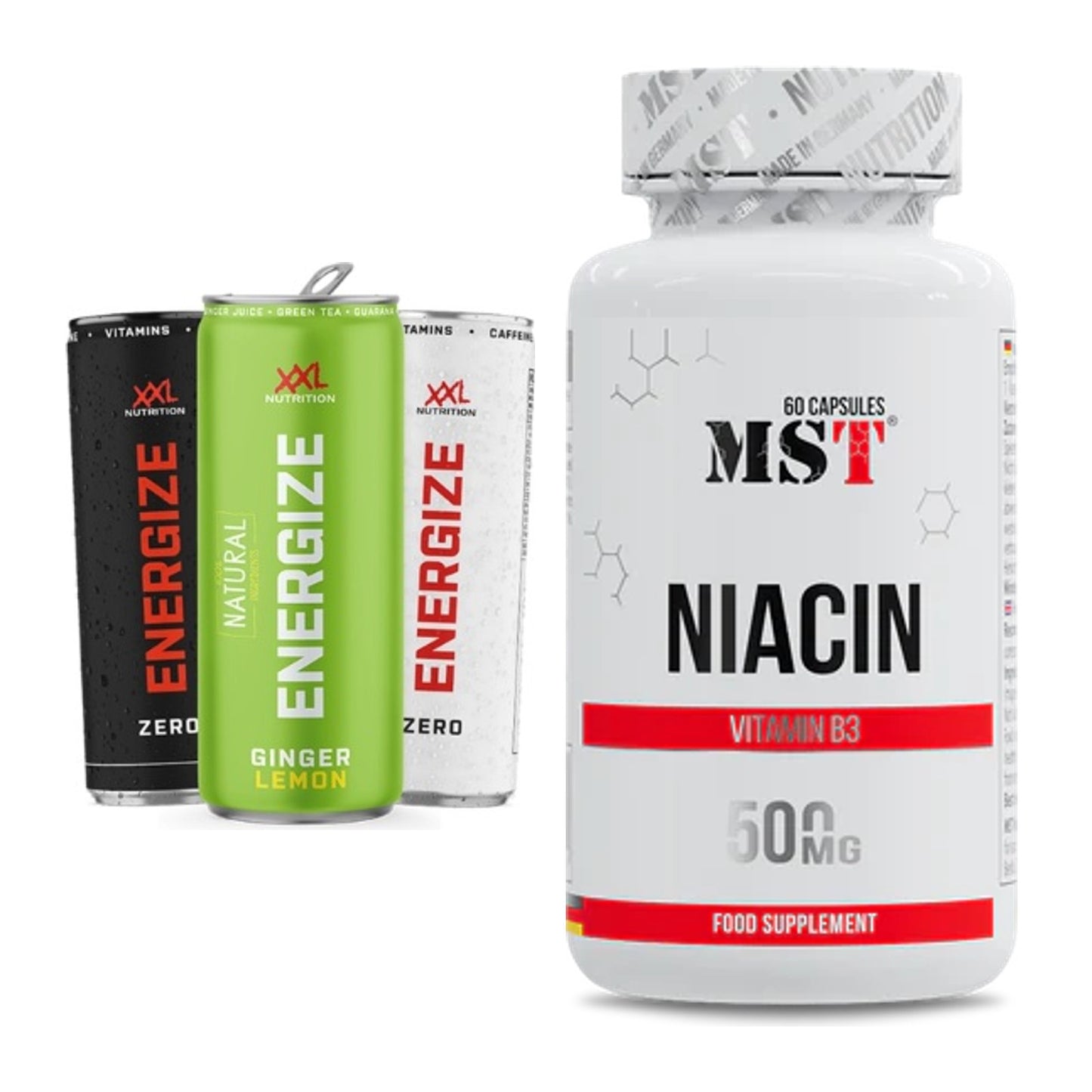 Koffein & B-Vitamine: XXL Nutrition Energize! Energy + MST Niacin – alle enthaltenen Artikel