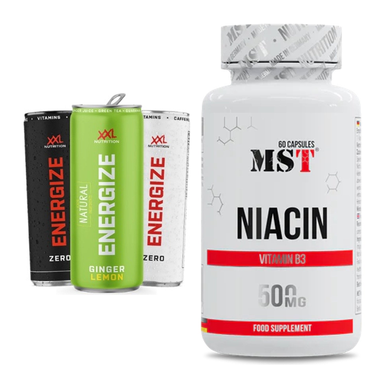 Koffein & B-Vitamine: XXL Nutrition Energize! Energy + MST Niacin – alle enthaltenen Artikel