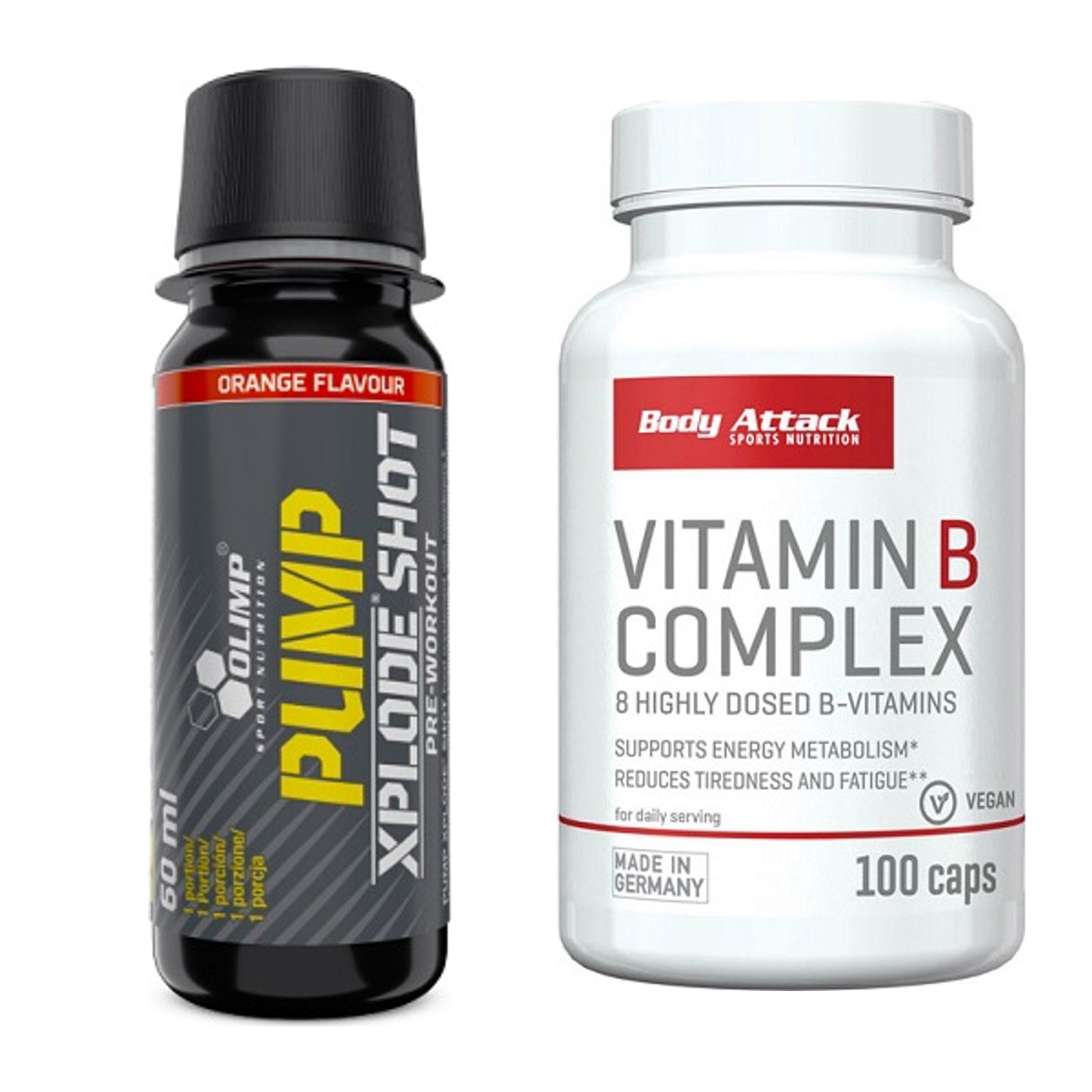 Koffein & B-Vitamine: Olimp Pump Xplode Shot + Body Attack Vitamin – alle enthaltenen Artikel