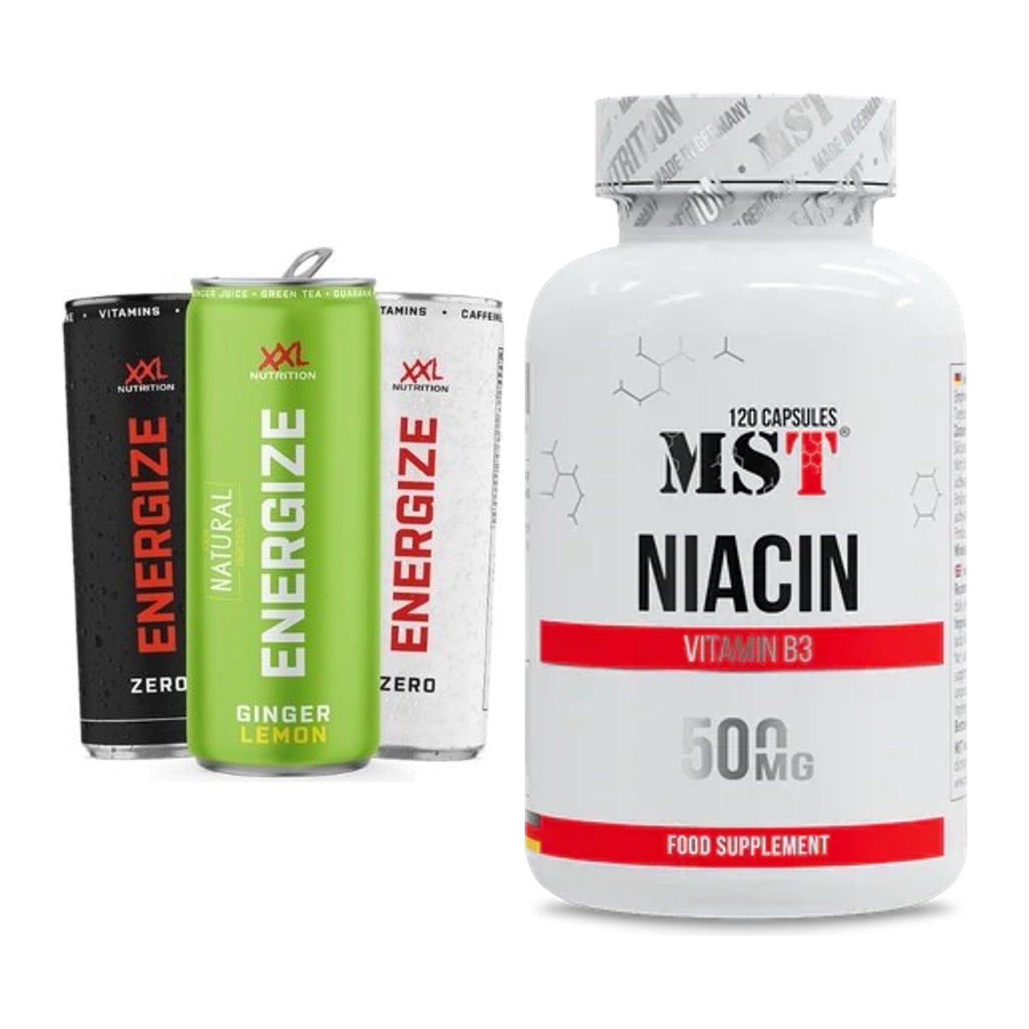 Koffein & B-Vitamine: XXL Nutrition Energize! Energy + MST Niacin – alle enthaltenen Artikel