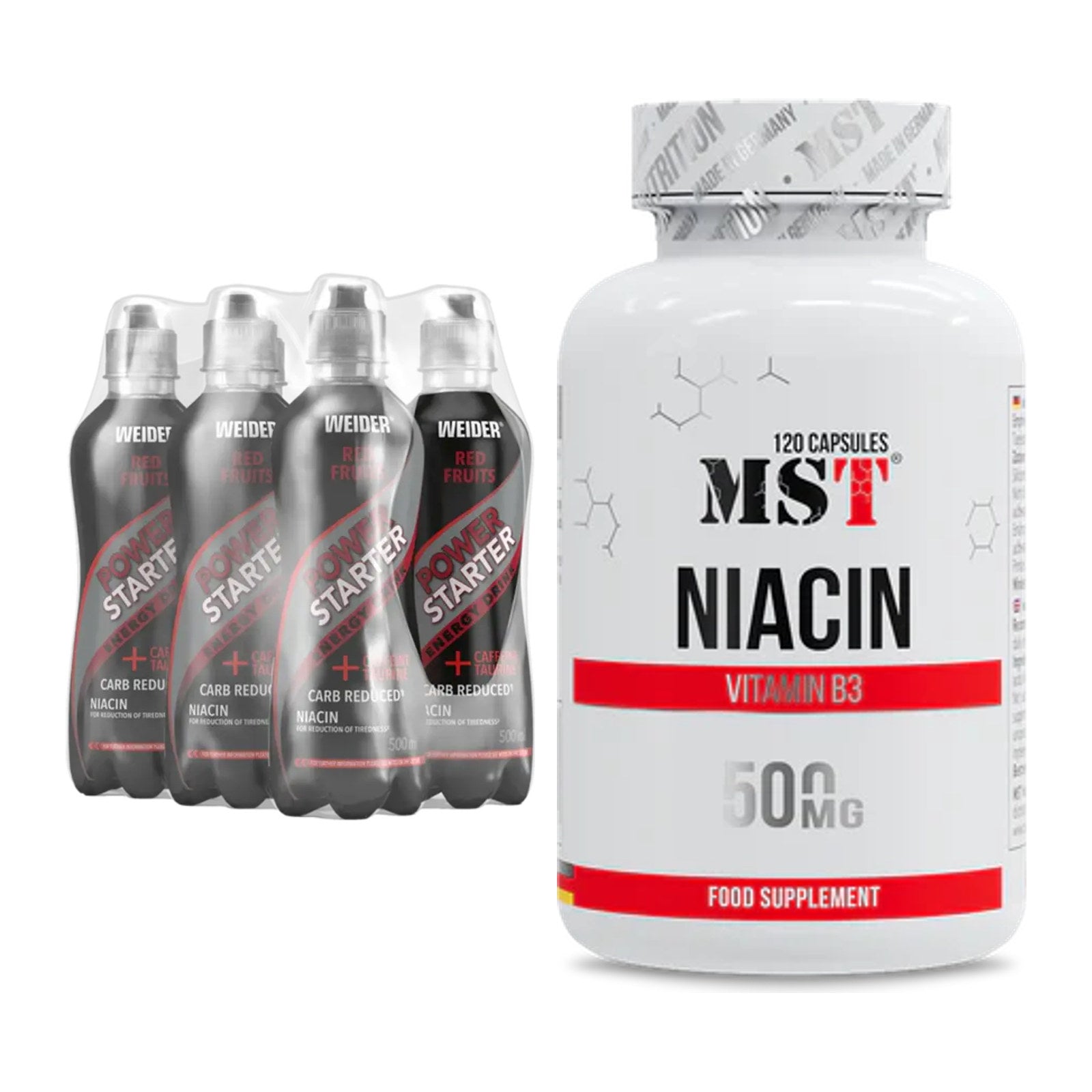 Koffein & B-Vitamine: Weider Power Starter Energy Drink + MST Niacin – alle enthaltenen Artikel