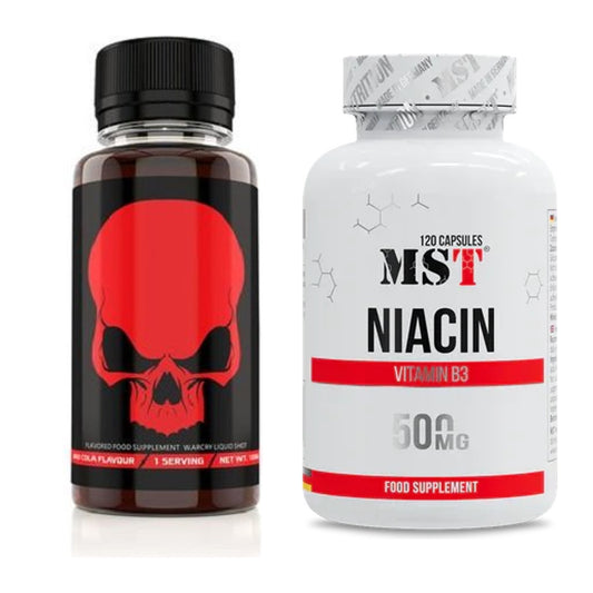Koffein & B-Vitamine: Genius Nutrition Warcry Liquid + MST Niacin – alle enthaltenen Artikel