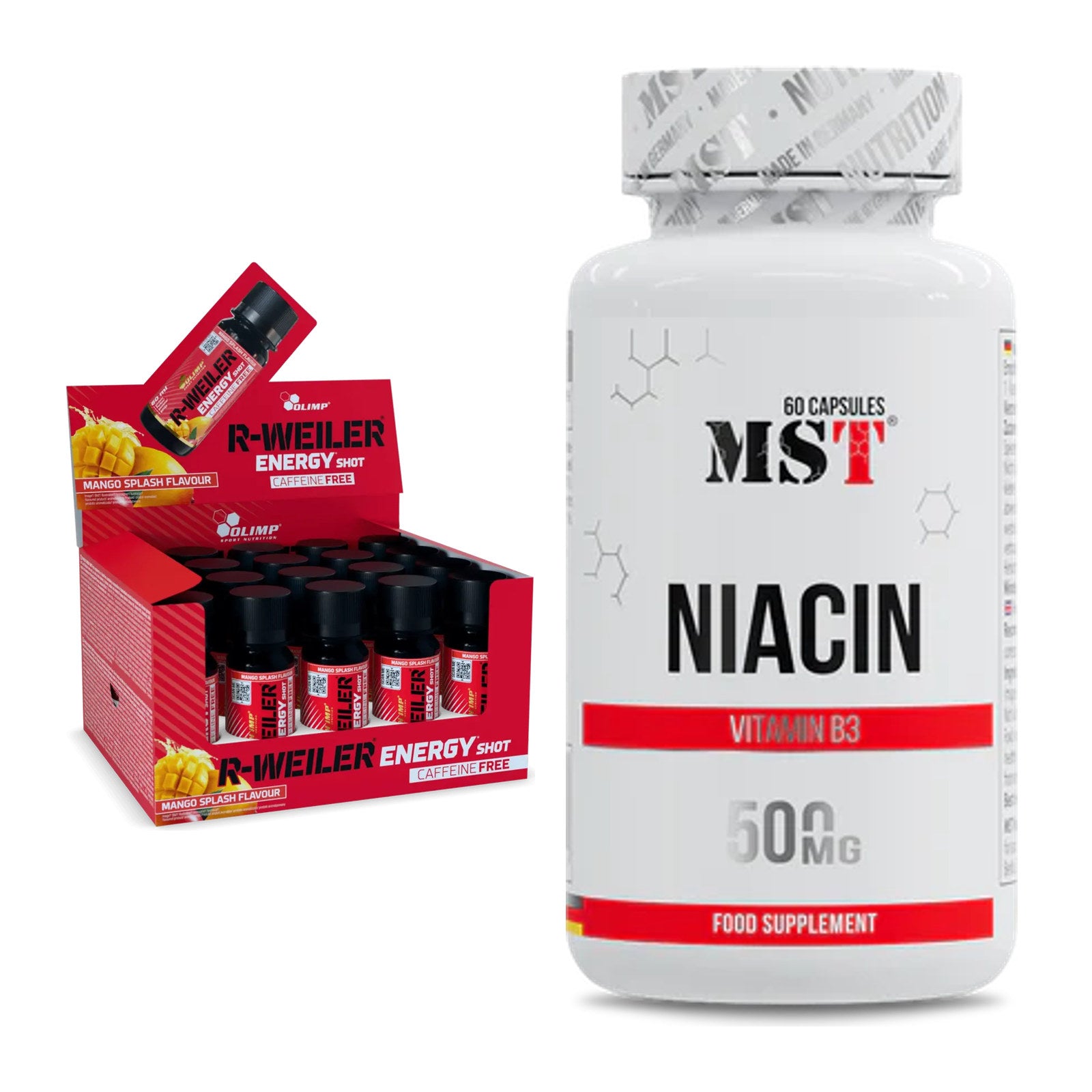 Koffein & B-Vitamine: Olimp R-Weiler Energy Shot + MST Niacin – alle enthaltenen Artikel