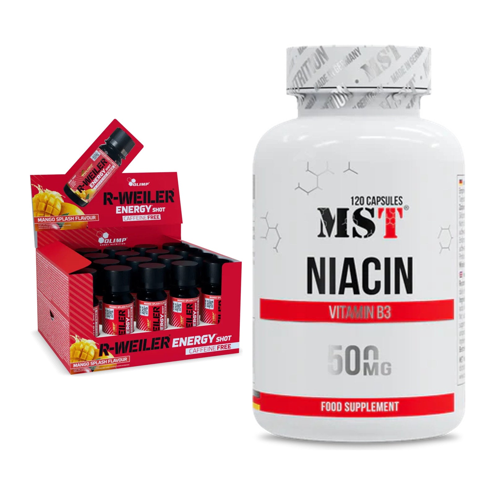 Koffein & B-Vitamine: Olimp R-Weiler Energy Shot + MST Niacin – alle enthaltenen Artikel