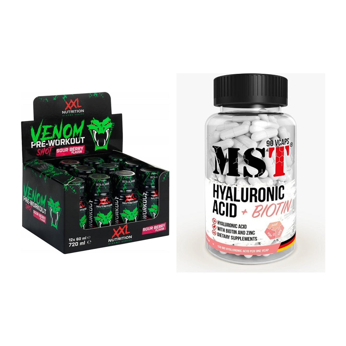 Koffein & B-Vitamine: XXL Nutrition Venom + MST Hyaluronic Acid – alle enthaltenen Artikel