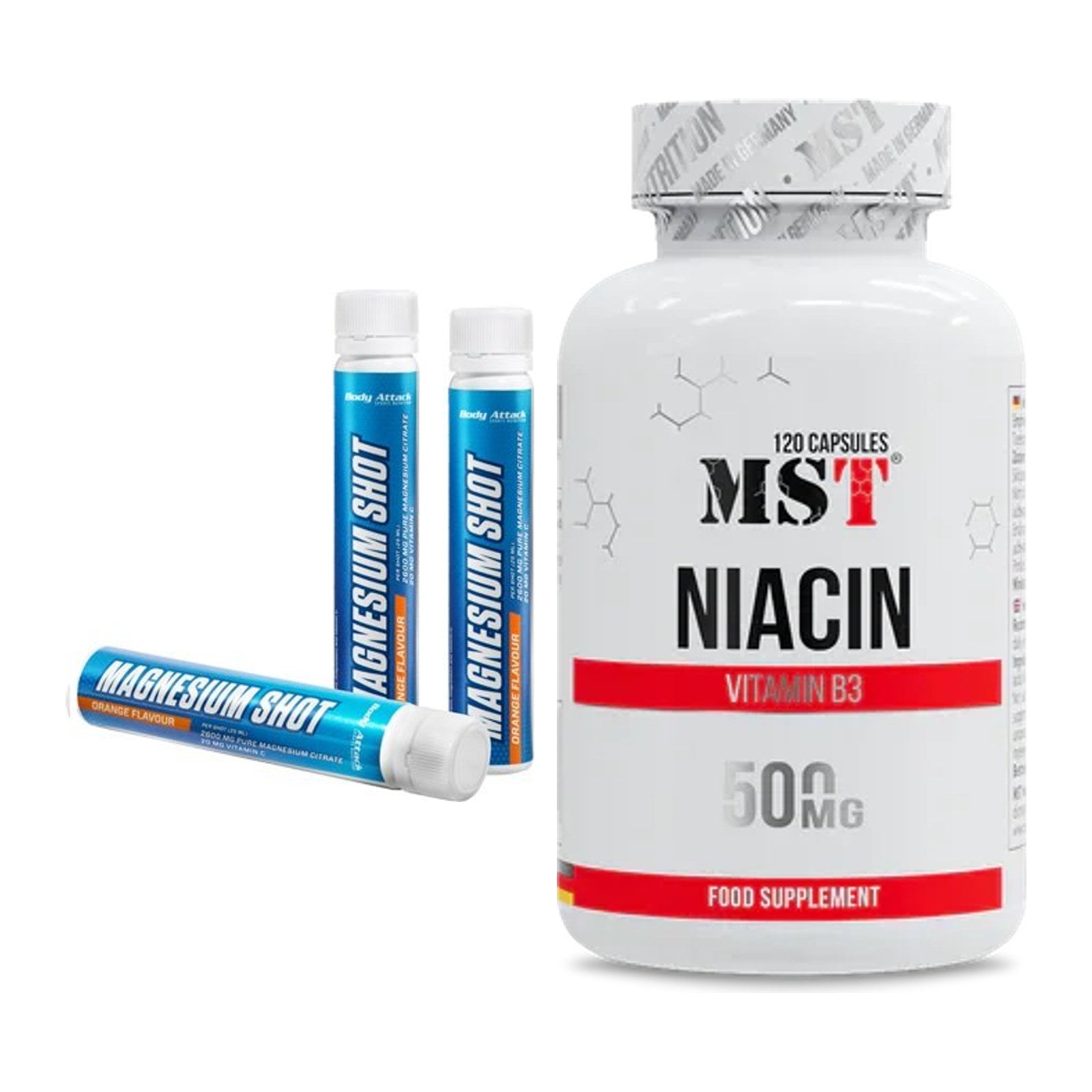 Koffein & B-Vitamine: Body Attack Magnesium Shots + MST Niacin – alle enthaltenen Artikel