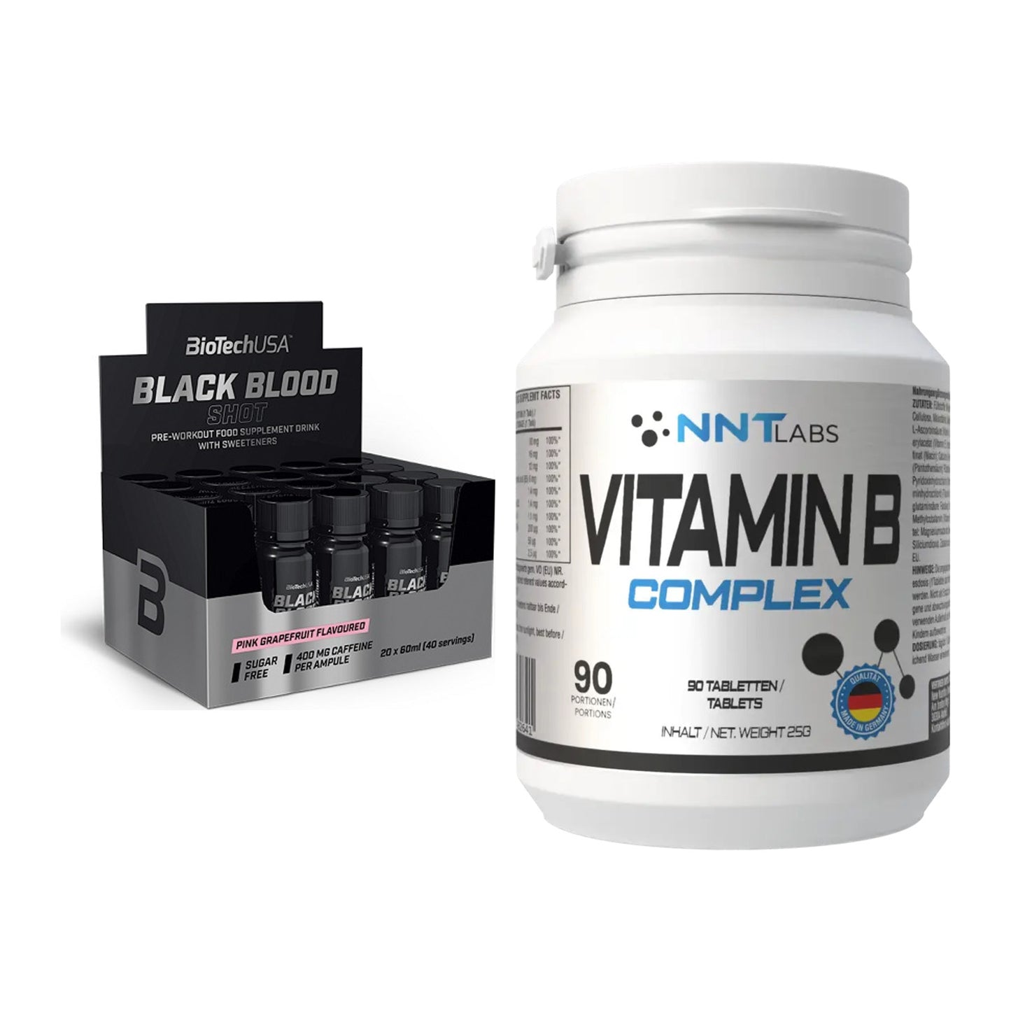 Koffein & B-Vitamine: BioTech Black Blood Shot + NNT Vitamin B Complex – alle enthaltenen Artikel