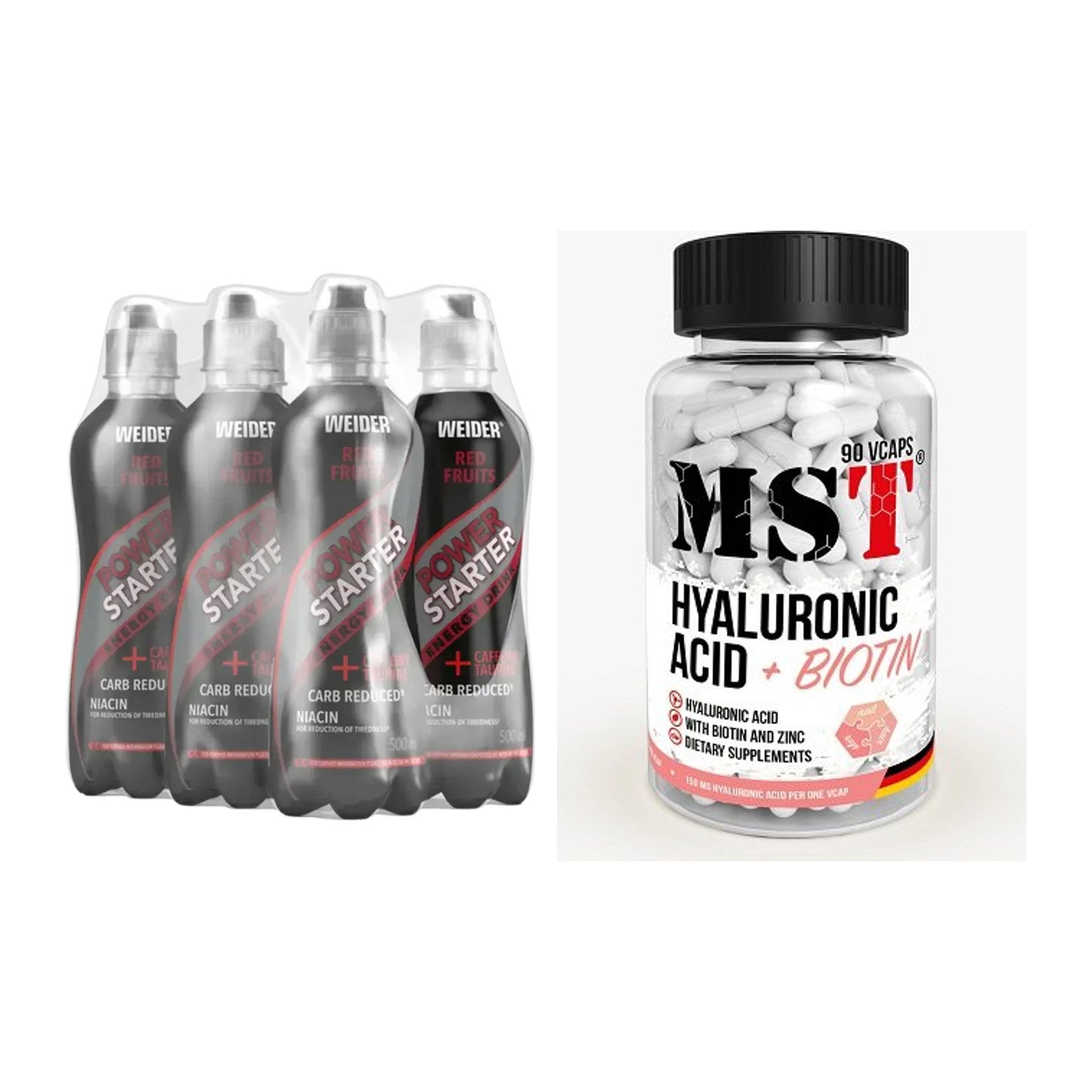 Koffein & B-Vitamine: Weider Power Starter + MST Hyaluronic Acid – alle enthaltenen Artikel