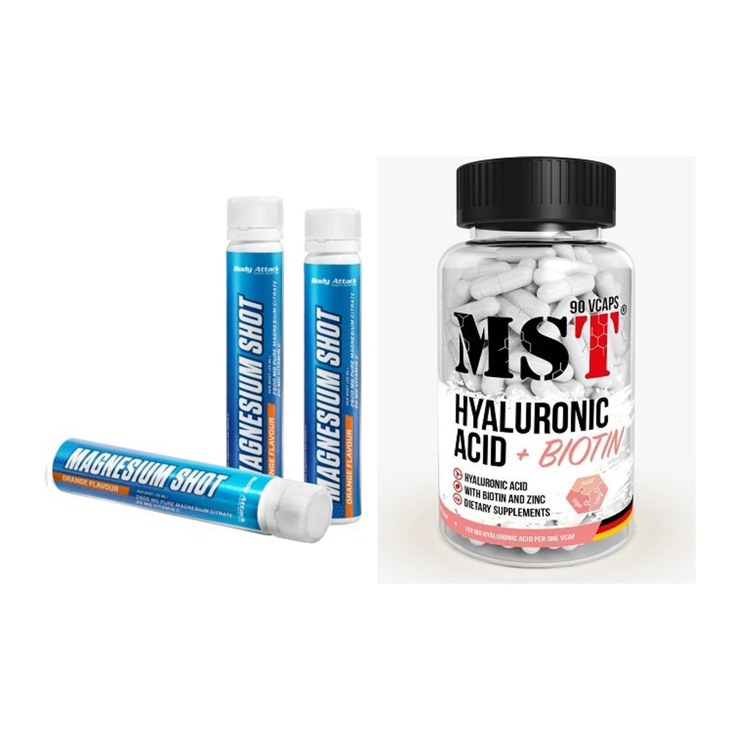Koffein & B-Vitamine: Body Attack Magnesium + MST Hyaluronic Acid – alle enthaltenen Artikel