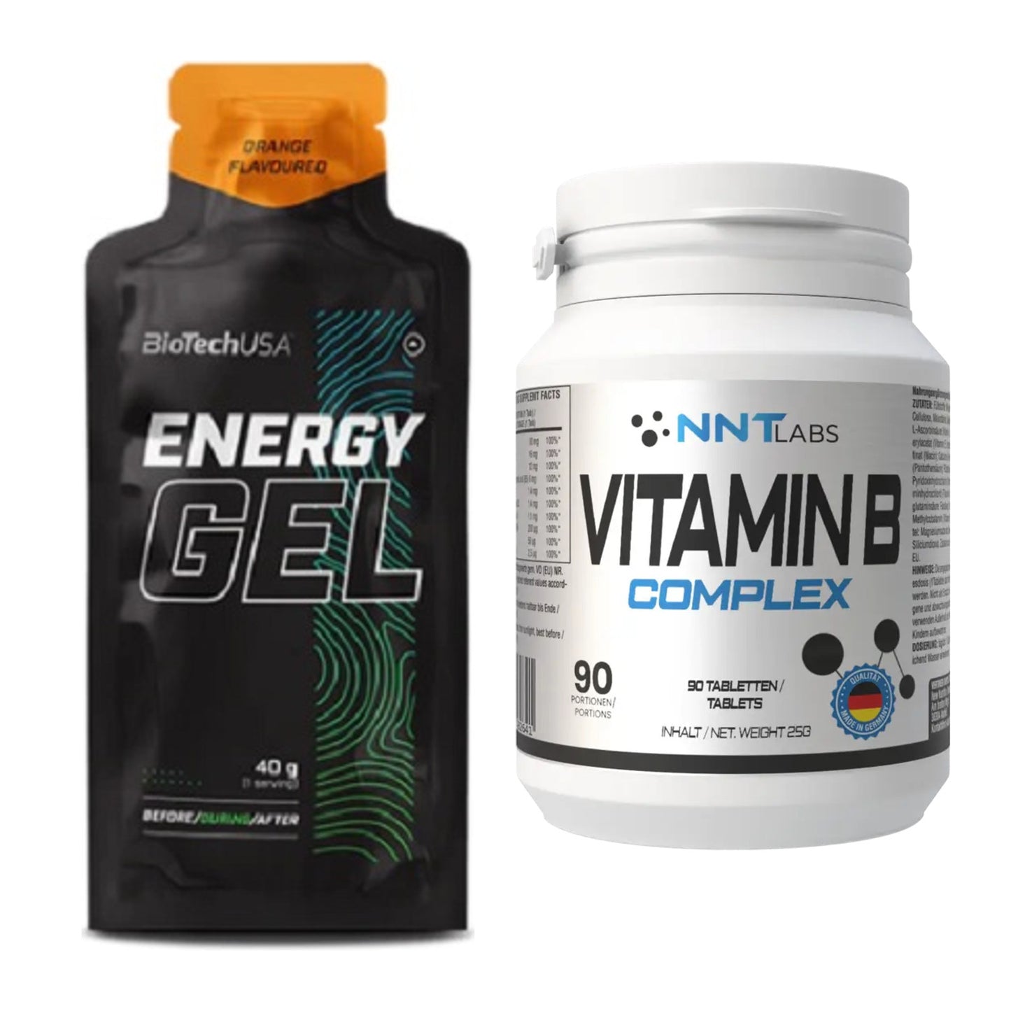 Koffein & B-Vitamine: BioTech Energy Gel + NNT Vitamin B Complex – alle enthaltenen Artikel