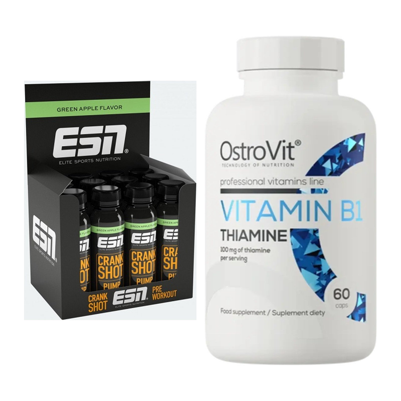 Koffein & B-Vitamine: ESN Crank Pump Shot + Ostrovit Vitamin B1 – alle enthaltenen Artikel