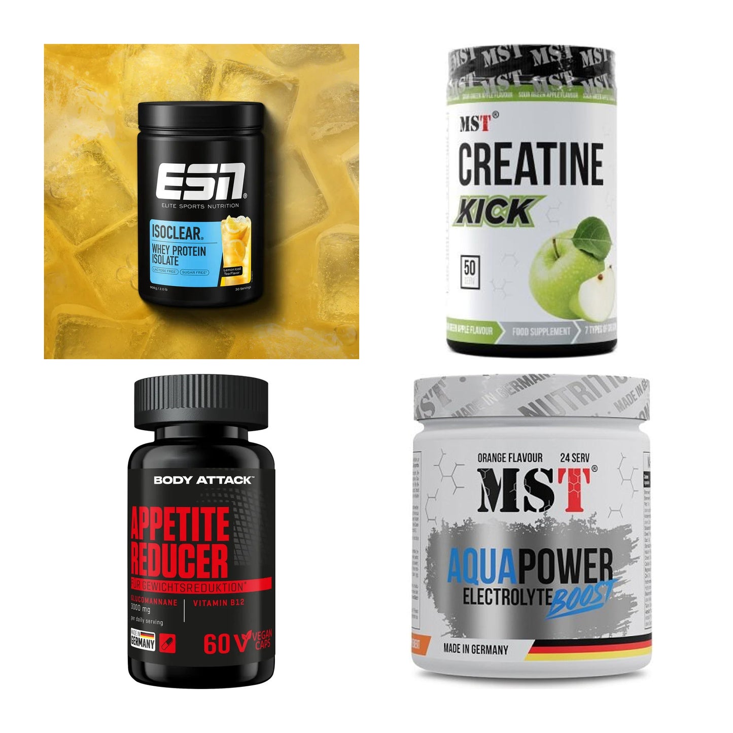 Wettkampfvorbereitung: ESN ISOCLEAR + MST Creatine + 2 weitere – alle enthaltenen Artikel
