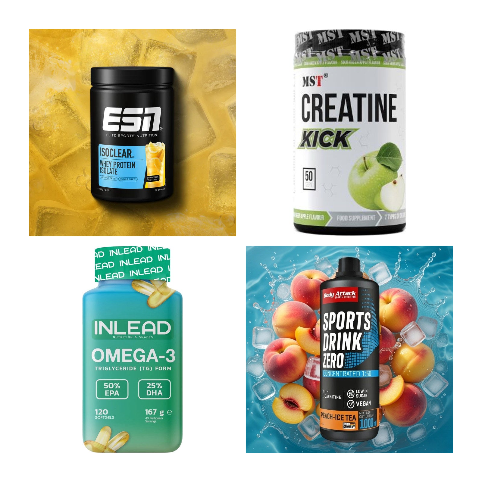 Wettkampfvorbereitung: ESN ISOCLEAR + MST Creatine + 2 weitere – alle enthaltenen Artikel
