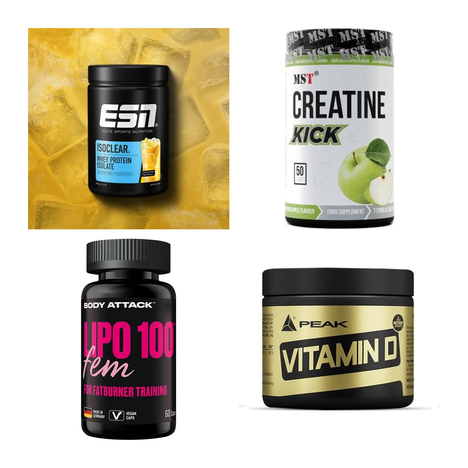 Wettkampfvorbereitung: ESN ISOCLEAR + MST Creatine + 2 weitere – alle enthaltenen Artikel