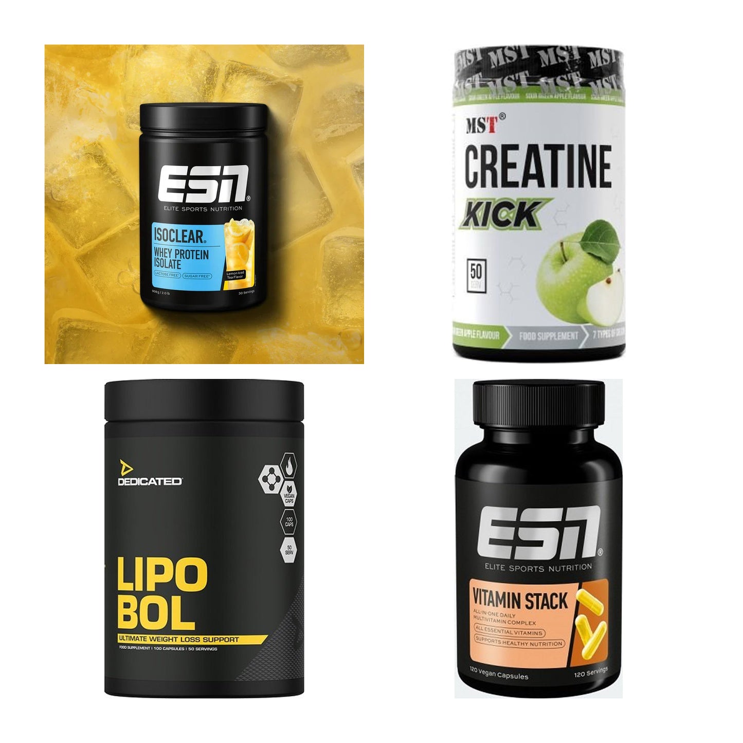 Wettkampfvorbereitung: ESN ISOCLEAR + MST Creatine + 2 weitere – alle enthaltenen Artikel