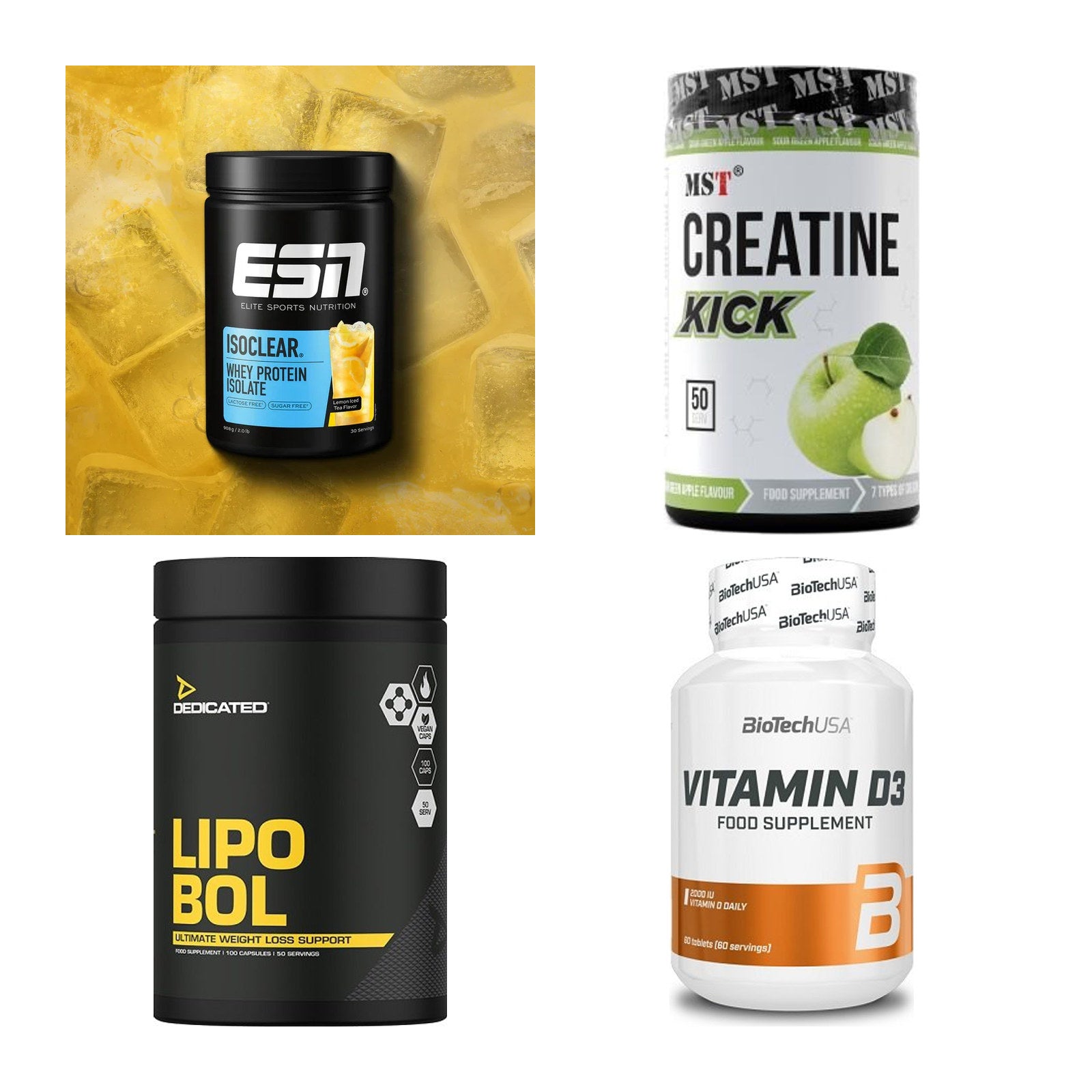 Wettkampfvorbereitung: ESN ISOCLEAR + MST Creatine + 2 weitere – alle enthaltenen Artikel